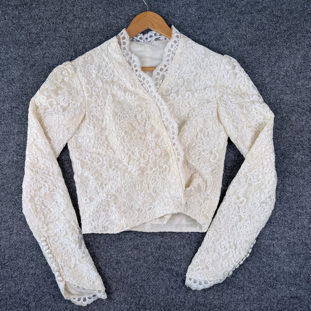 VTG 50s Floral Beaded Lace Wrap Jacket Womens S Bridal Wedding Bolero Victorian